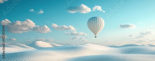 White hot air balloon gracefully soaring over serene white sand dunes under a clear blue sky