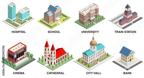 City public and municipal buildings vector set. Detailed isometric isolated illustrations. Hospital, school, university, train station, cinema, cathedral, city hall, bank