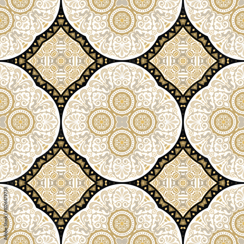 Intricate arabesque ethnic style seamless pattern. Ornamental floral background. Repeat vector backdrop. Beautiful elegant golden ornaments, mandalas, swirls, flowers. Endless ornate texture.