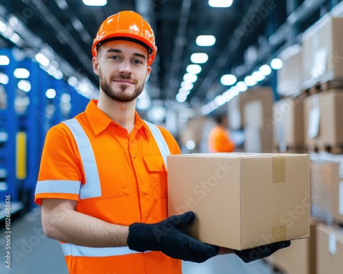 Warehouse worker carrying a cardboard box.