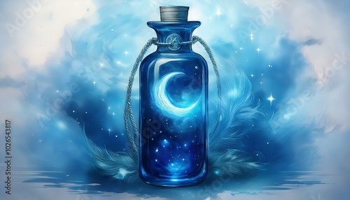 A dark blue potion in a tall, slender bottle, with a crescent moon charm tied around its nec