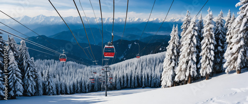 A serene winter wonderland scene in Gulmarg, Kashmir, featuring snow-covered ski slopes where skiers are in motion, descending the rolling hills against the breathtaking backdrop of the majestic Himal