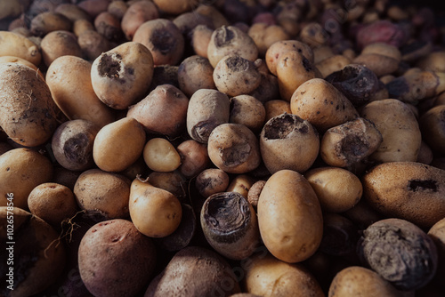 Bad spoiled potatoes, wireworm eaten, unhealthy vegetables. Sick, disease, late blight. Solanum tuberosum with maggots inside. Rotten harvest. Crop failure. Tuber affected by bacterial decay