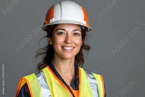 Portrait of female worker in helmet and safety vest on grey background