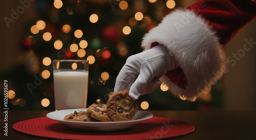 Cookies on a plate with milk for Santa Claus during Christmas celebration