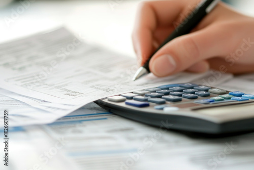 person hands using a calculator to navigate financial documents for budgeting and tax planning.