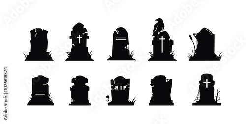 Set of grave icons with gravestones and symbols. Flat illustration of death icons to commemorate someone.