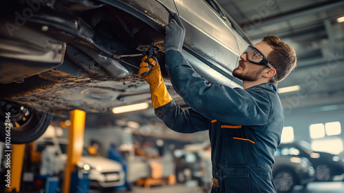 A mechanic applying an anti-rust coating to the underbody of a car in preparation for harsh winter conditions. The car is lifted on a platform.