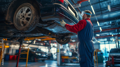 A mechanic applying an anti-rust coating to the underbody of a car in preparation for harsh winter conditions. The car is lifted on a platform.