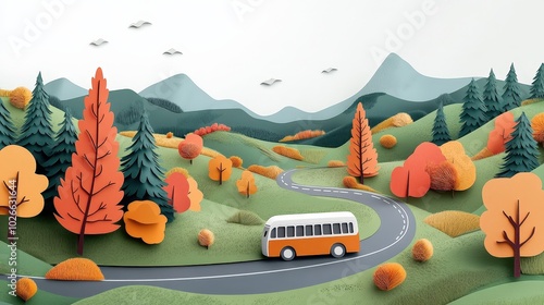 Minimalist Anime Vector Illustration of Shuttle Bus Driving Through Autumn Wooded Landscape