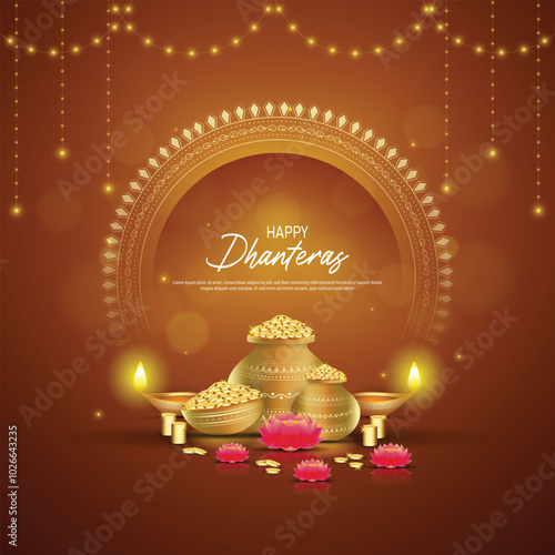 Happy Dhanteras - poster template design with gold coin in pot and decorative diya lamp.