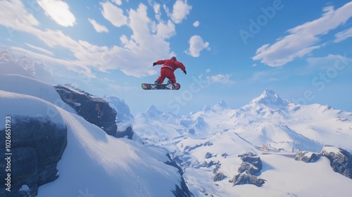 A snowboarder in a Santa suit jumps over a cliff in a snowy mountain range.