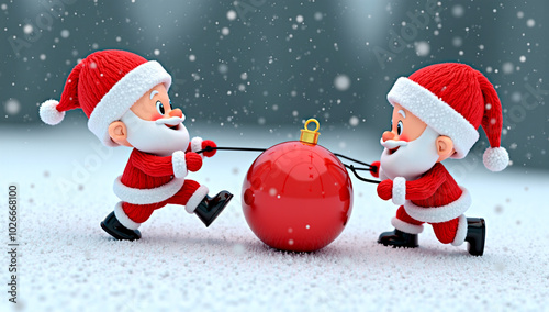 Two little santa clauses pull a christmas ball in the snow.