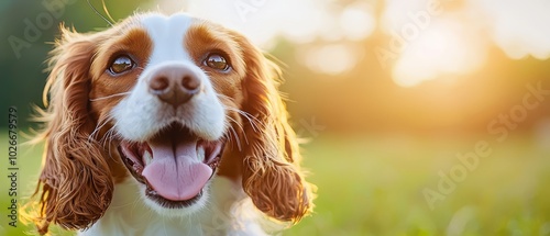  A close-up of a dog's face with its tongue extending