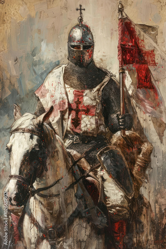 Templar knight on horseback holding a cross in medieval setting