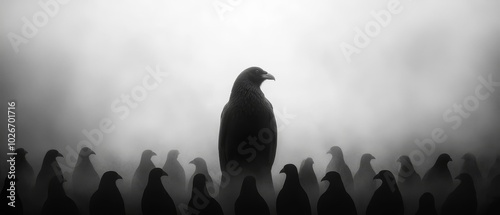  A crisp black-and-white image of a largish bird amidst a dense cluster of smaller birds, set against a foggy backdrop