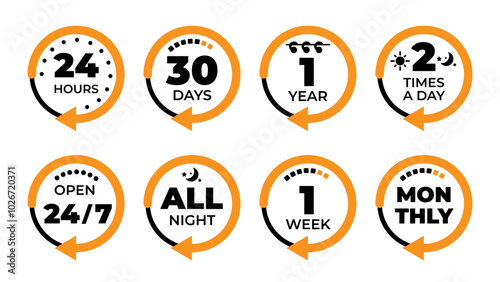 Icons that visually represent various timeframes and special promotional events and time cycles. Orange black vector round time icons. Open 24 hours, month, year, week calendar