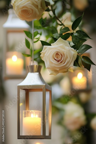 A beautiful arrangement of white roses and candles hanging from a tree. The candles are lit, creating a warm and inviting atmosphere. The roses are the focal point of the display