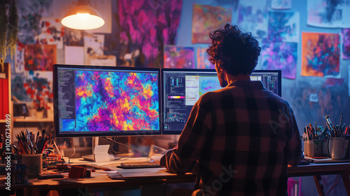 A creative studio with AI systems designing artwork on digital canvases, a human artist directing the process. 