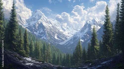 Evergreen trees pierce the sky in a lush Norwegian forest. In the backdrop, snow-covered mountains stand tall against the faint horizon.