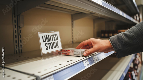 hand placing last item on nearly empty store shelf, "Limited Stock" sign nearb