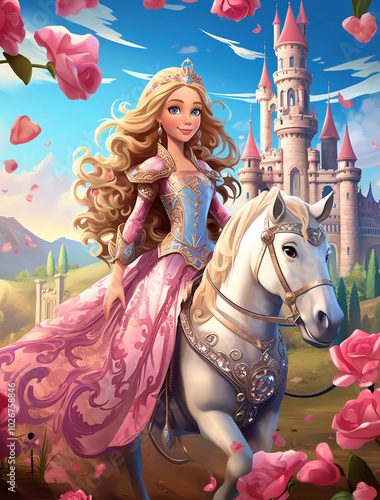 Cartoon-style digital art depicting a Disney princess on a horse with long blonde hair and a pink dress, standing in front of a castle surrounded by roses