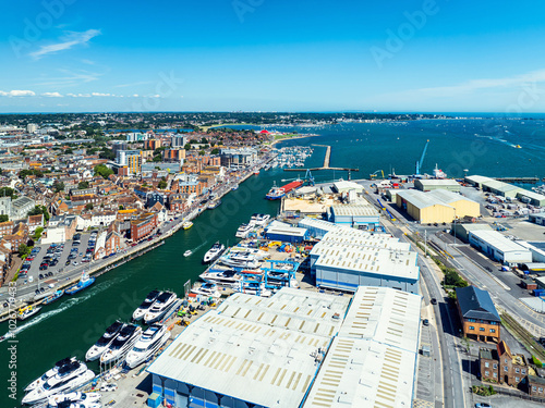 Harbour and Marina over Poole Quay from a drone, Poole, Dorset, England