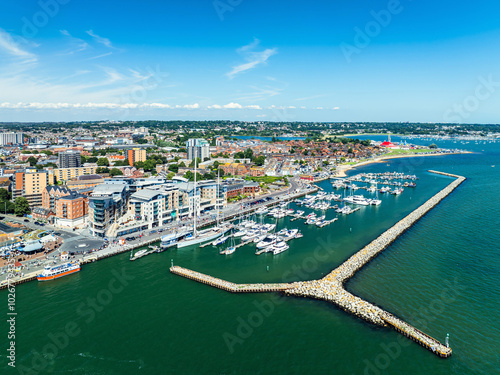 Harbour and Marina over Poole Quay from a drone, Poole, Dorset, England