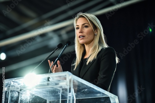 Professional woman giving a speech at a business conference with a serious expression