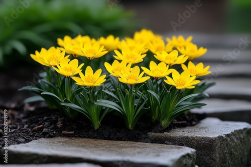 Eranthis hyemalis growing alongside a stone pathway, their cheerful blooms adding a burst of sunshine to an otherwise cool, early spring garden