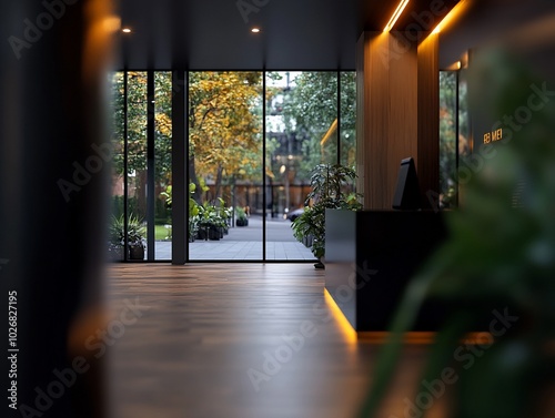 Modern lobby with wooden floor, large windows, and a view of a courtyard with trees.