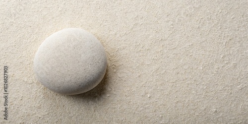 A single smooth, white stone rests on a bed of fine, grainy sand, creating a minimalist and serene visual