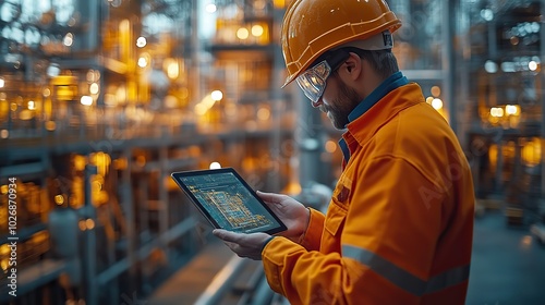 Engineers use a tablet at a construction site, integrating 5G technology and digital interfaces for project development.