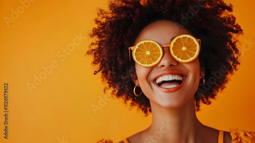 Radiant woman with curly hair and citrus glasses smiling brightly on vibrant orange backdrop