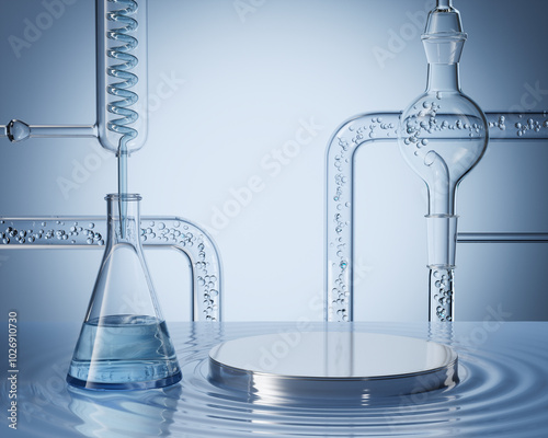 Cosmetic scientific skincare background materials, podium display with glass flask, Laboratory 3d rendering Background.