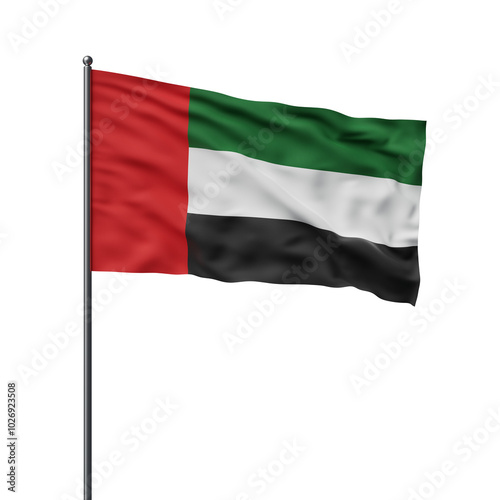 United Arab Emirates flag blowing in the wind on a flagpole, set against a white background, symbolizing patriotism and national pride. 3D Rendering