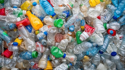 Aerial view of discarded plastic bottles piled together, highlighting environmental pollution and recycling challenges.