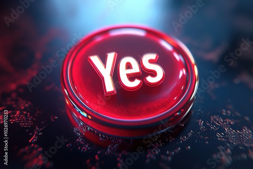 3D rendered glowing red button with the words "Yes" symbolizes urgency, immediate action, response, and the importance of taking swift decisive steps