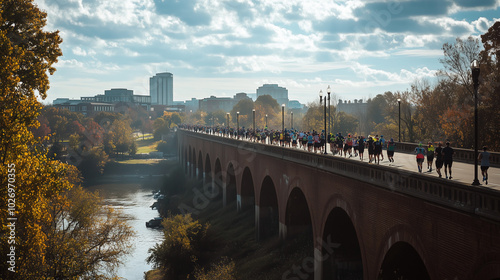 Richmond Marathon course in the heart of the city, runners pass bridges and historic buildings, spectators cheer from the sidelines, Ai generated images