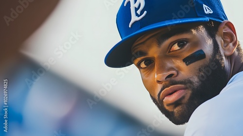 Close-up of professional baseball player in uniform, intense expression as he prepares to throw the ball during a high-stakes playoff game, capturing the focus and determination of the athlete