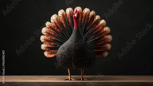 A vibrant turkey displaying its impressive feathers against a dark background.