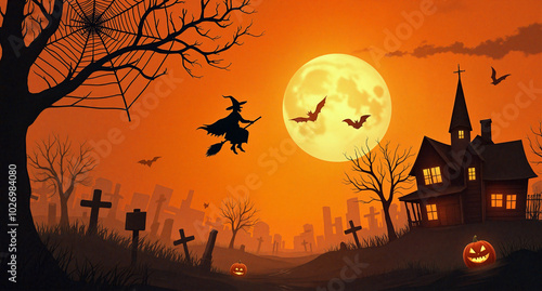 A Halloween scene with a witch flying over a haunted house