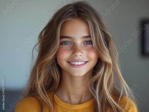 happy north american girl smiling candidly for a portrait, featuring ultra-realistic details, capturing authenticity against a plain solid background