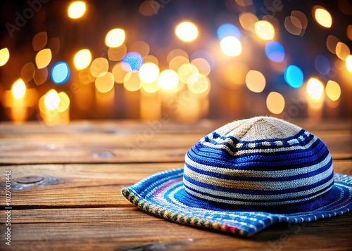 Traditional Kippah and Tallit on a Wooden Table with Soft Lighting for Religious and Culture Themes