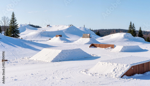 Snow park at a ski resort with ramps and jumps, ski resorts