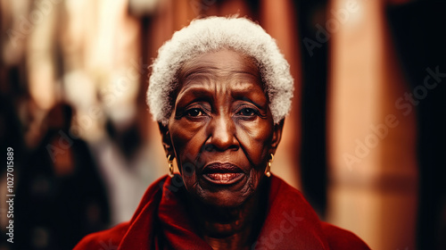 Closeup portrait of elderly black woman with a grave facial expression reflecting worry for the future of society in the modern urban world of male chauvinism