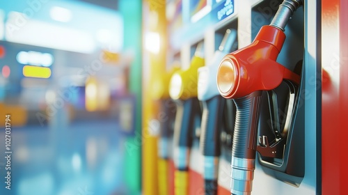 A close-up of a fuel pump with multiple nozzles in a brightly lit gas station environment.