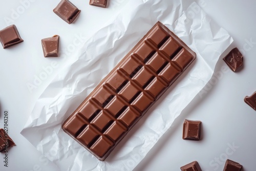 aesthetic photo of bar of chocolate in white paper packaging on white background