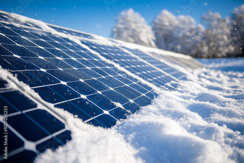 Solar panels covered in snow at a sunny winter location