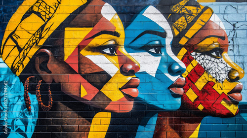 large mural on a city wall painted during Black Awareness Day, featuring important figures in African and diaspora history, bright colors and symbols of strength and unity, Ai generated images